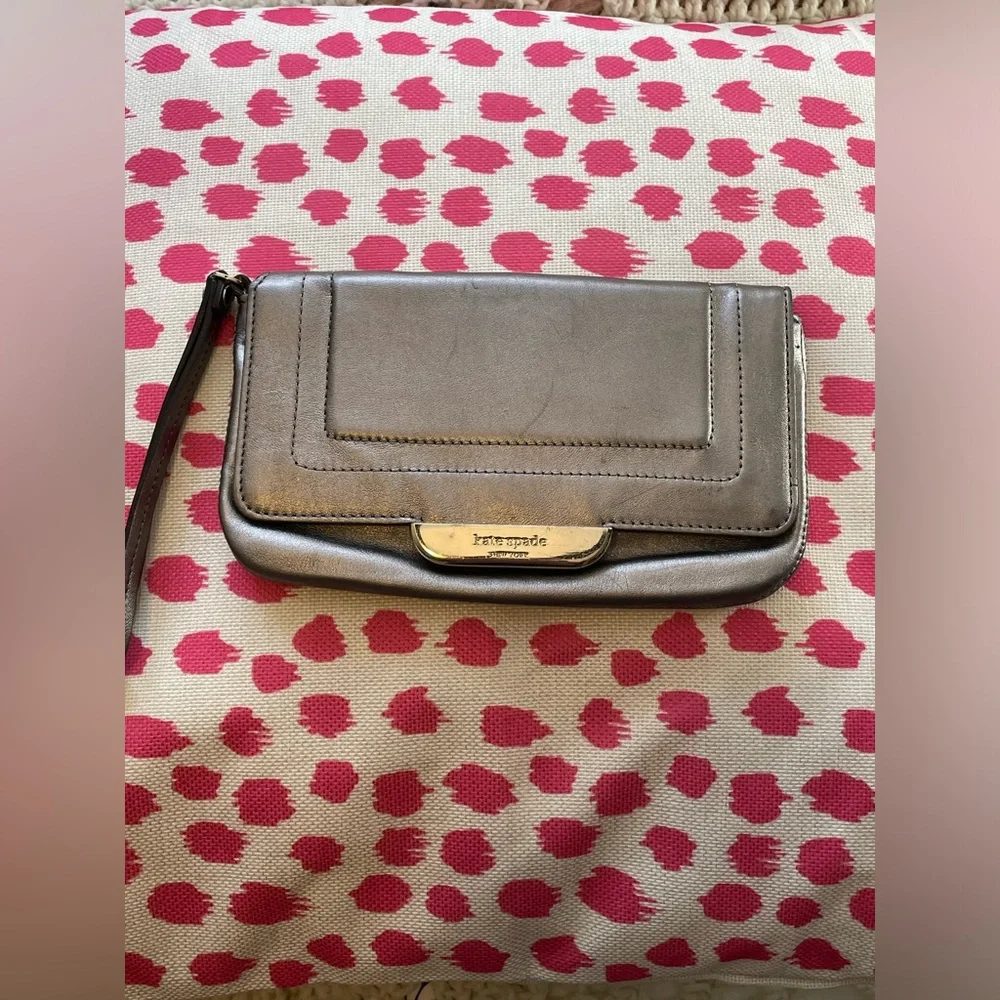 Kate Spade Metallic Silver Leather Flap Clutch/Wristlet